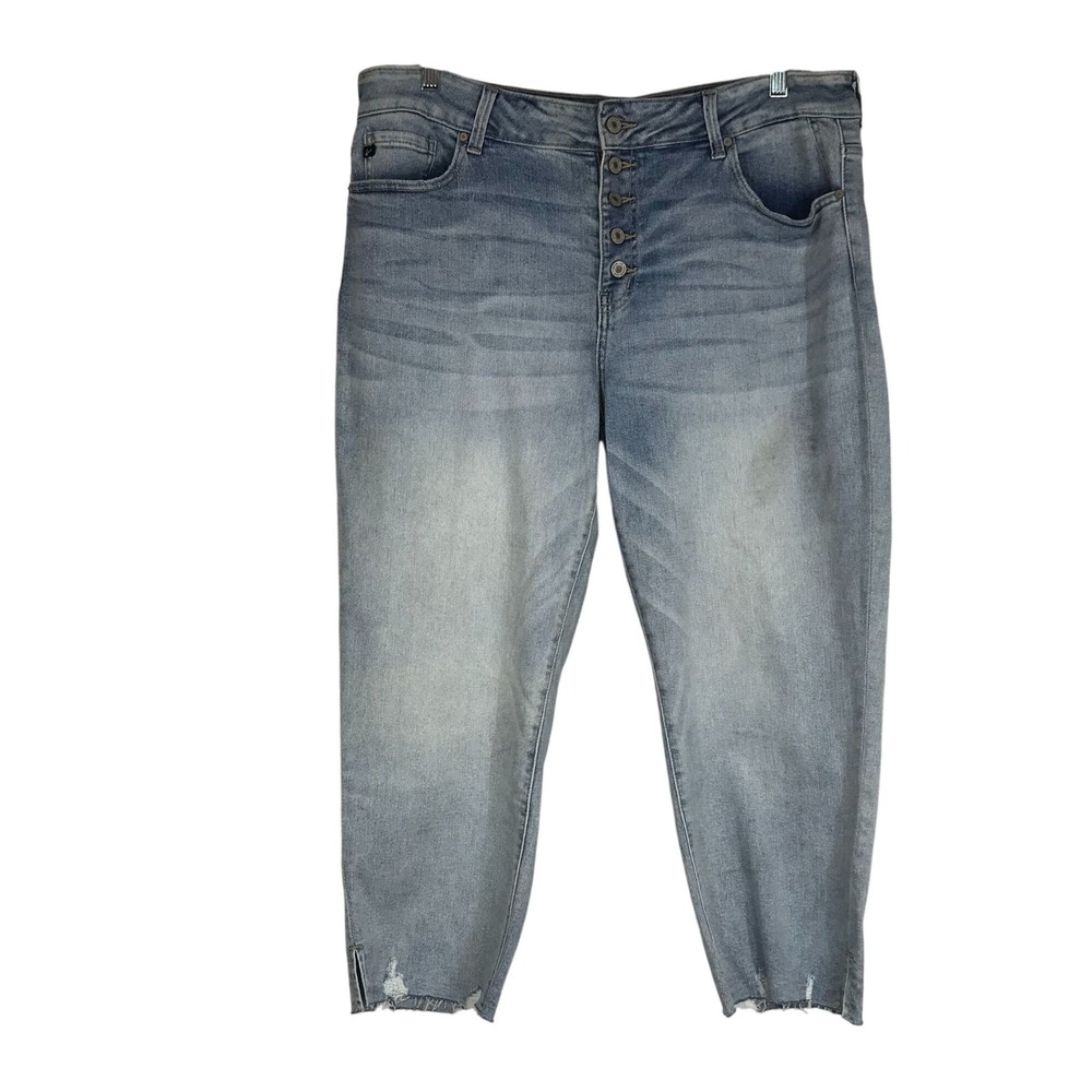 KANCAN - WOMEN'S 18 - BLUE BUTTON COTTON BLEND FRAYED HEM DENIM JEANS